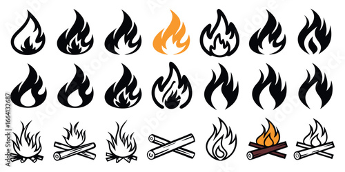 Dynamic collection of stylized flame and campfire icons representing energy, warmth, and danger for modern design projects