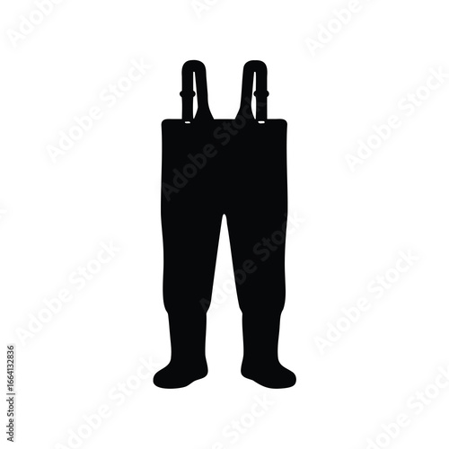 Black silhouette of waterproof fishing waders icon - Minimal black vector illustration of waterproof waders, symbolizing fishing gear, outdoor work, wet environments, and protective clothing in simple