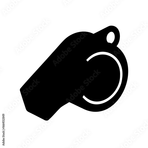 Black whistle vector icon for referee and sports alert - Simple black silhouette of a whistle icon, symbolizing sports refereeing, coaching authority, alerts, and sound signaling in minimal flat vect
