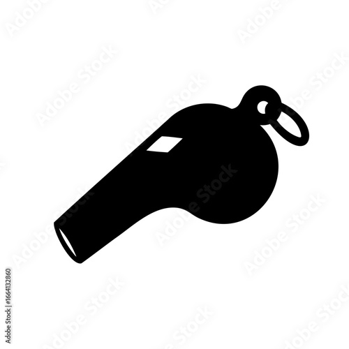 Black whistle silhouette icon for sports and referees - 
Minimal black vector illustration of a whistle, representing sports, referee authority, coaching, alert sound, and signaling tool in simple des