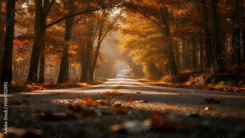 A magnificent road, dyed by autumn colors, winding through the forest.