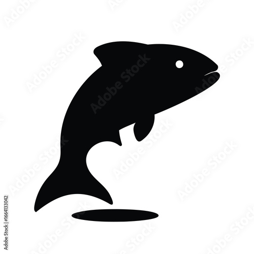 Black fish silhouette jumping out of water - Minimal black fish silhouette icon showing a fish leaping above water, perfect for fishing, seafood, or marine design themes.
