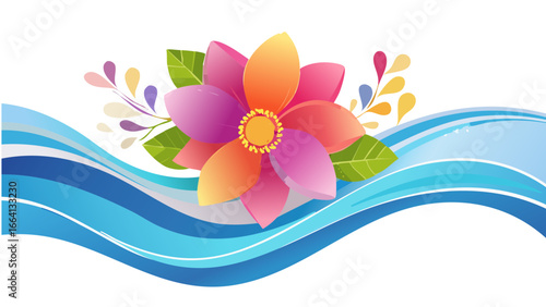 Colorful Flower with Flowing Blue Waves, Artistic and Vibrant Nature Illustration