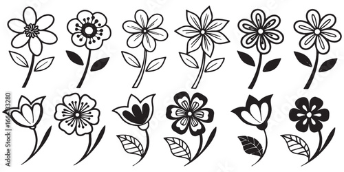 Charming collection of twelve diverse floral designs with elegant outlines and stylized petals, perfect for decorative projects