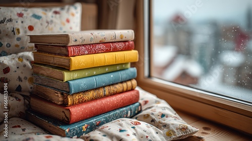 Stack of Children's Books in the Corner of a Window in a Children's Bedroom