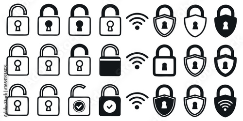 Secure your digital life with these versatile lock icons featuring wireless connectivity and shield protection for ultimate peace of mind