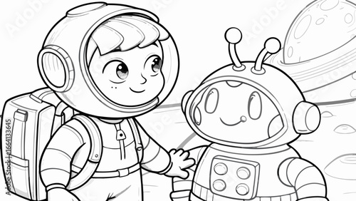 A cartoon astronaut with a backpack and an alien friend on a planet surface outline drawing style image silhouette