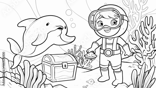 A diver with a dolphin near a treasure chest and coral in a coloring page underwater scene image art silhouette