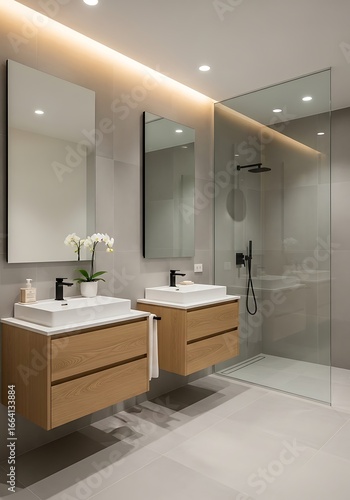 Modern Minimalist Bathroom Design with Double Sinks.