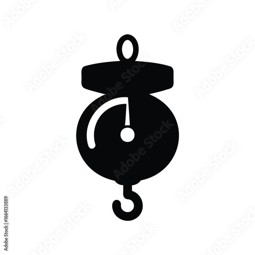 Black silhouette of hanging spring balance scale - A black silhouette of a hanging spring balance scale with hook on white background, representing weight measurement, accuracy, and equipment.
