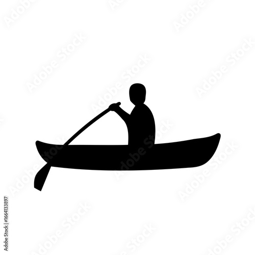 Silhouette of person paddling canoe on calm water - A black silhouette of a person paddling a canoe on calm water, representing outdoor recreation, kayaking, travel, and peaceful adventure.

