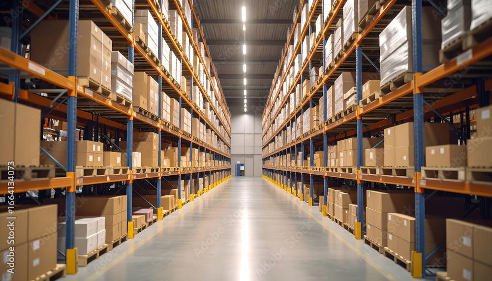 Warehouse storage rack with cardboard box pallet shelves in large distribution center aisle