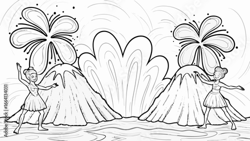 Two ballerinas on stage with flower props and mountain scenery in a black and white line art drawing silhouette