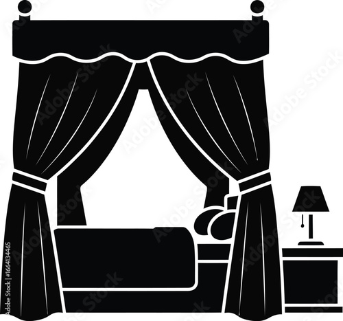 Luxurious canopy bed with nightstand and lamp, elegant bedroom furniture