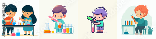 Cute Cartoon Diverse Kids Doing Science Experiments in Laboratory Illustration
