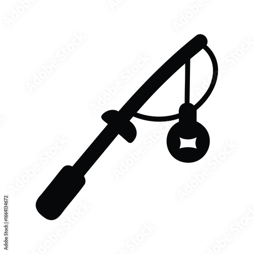 Silhouette of fishing rod with reel icon - Black silhouette of a fishing rod with reel, isolated on white background, symbolizing fishing hobby, outdoor recreation, and angling equipment.
