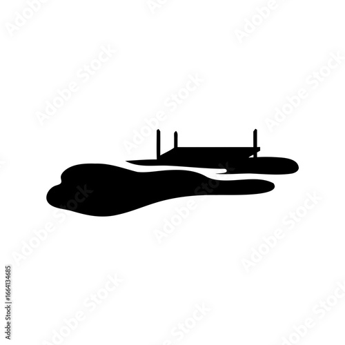 Silhouette of wooden pier extending over calm water - Black silhouette of a small wooden pier extending over calm water, isolated on white background, symbolizing fishing, lake scenery, and peaceful n