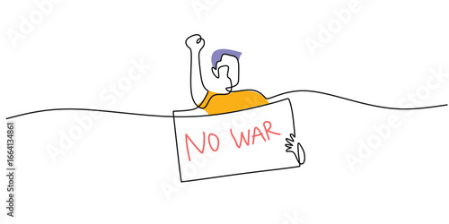One line art of a man on a protest rally holding a No War sign