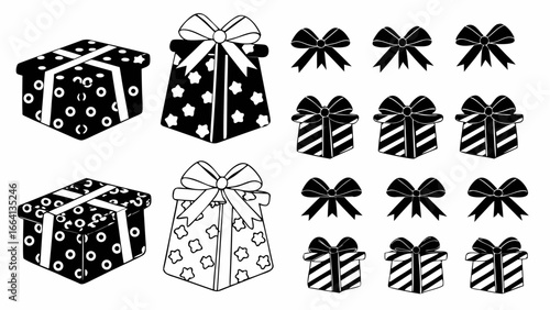 Illustration of assorted gift boxes and bows in black and white line art for holiday celebration theme