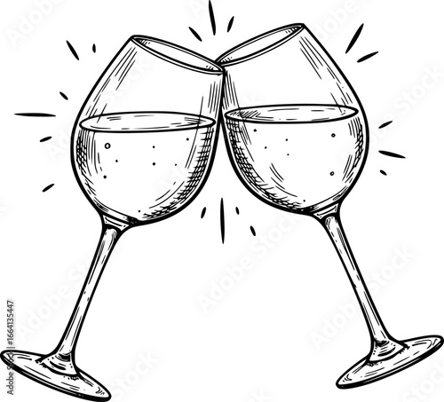 set of clinking wine glasses hand drawn vector sketch