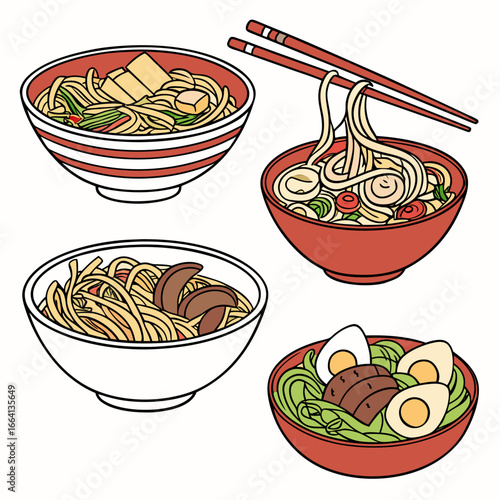 Illustration of four bowls of ramen with various toppings and chopsticks
