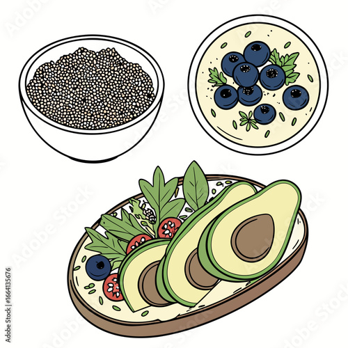 Illustration of healthy breakfast bowls and avocado toast