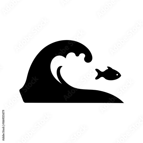 Simple black and white illustration of a wave and a fish swimming
