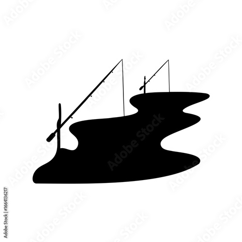Silhouette of fishing poles on river or lake in black and white