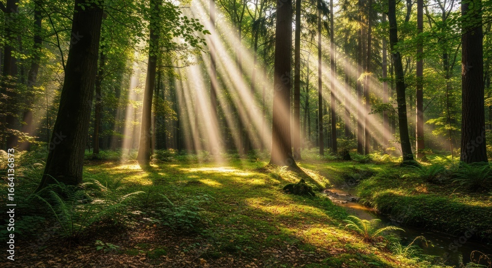Fototapeta premium Sacred Sunbeams Illuminate a Lush Forest Glade and Gentle Creek
