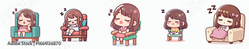 Cute Chibi Style Sleepy Girl on Chair Relaxing Illustration Set