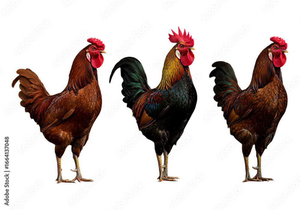 Fototapeta premium Three roosters standing side by side isolated on transparent background