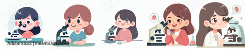 Cute Cartoon Style Young Scientist Girl With Microscope Illustration Element