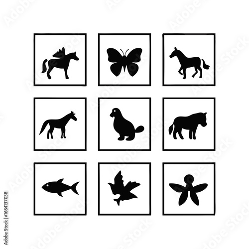 Collection of nine black silhouette icons featuring animals and nature elements including horses a butterfly a duck a fish a leaf and a flower against a black background