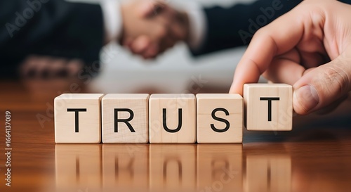 A hand places a wooden block spelling out the word trust on a wooden table, signifying the building of trust in a business setting.