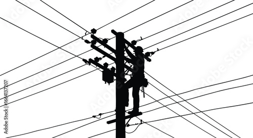 Silhouette of electrician working on power lines, utility pole maintenance, electrical repair safety, high voltage wires, outdoor technical work, lineman climbing pole, infrastructure service.