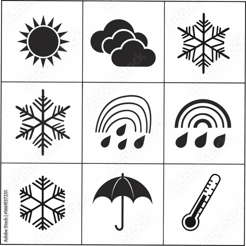 A collection of nine weather icons displayed in a grid format including sun clouds snowflakes rainbow rain umbrella and thermometer symbols representing diverse atmospheric conditions