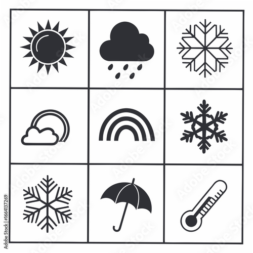 A collection of nine distinct weather icons presented in a three by three grid featuring symbols for sun rain snowflakes rainbows an umbrella and a thermometer