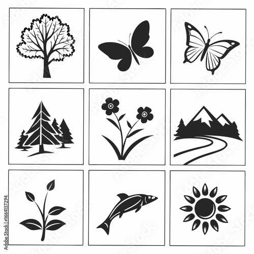 A collection of nine black and white silhouette icons representing various elements of nature including trees butterflies flowers mountains a plant a fish and the sun