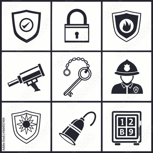 A collection of nine black and white security and safety icons including shields with checkmarks and flames a padlock a spyglass a key a police officer a bell and a safe