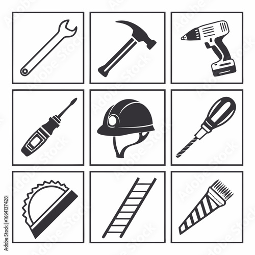 A grid of nine black and white silhouette icons representing various construction and diy tools and safety equipment including a wrench hammer drill screwdrivers hard hat saw ladder and paintbrush