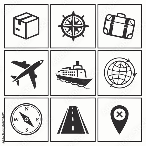 Collection of nine black and white icons representing different modes of transportation navigation and travel logistics including a package compass suitcase airplane ship globe road and map pin