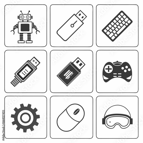 A grid of nine simple black and white icons representing technology and gaming including a robot usb drives keyboard game controller gear computer mouse and vr goggles
