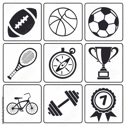 Collection of nine black and white sport and fitness icons including a football basketball soccer ball tennis racket compass trophy bicycle dumbbell and a number one medal