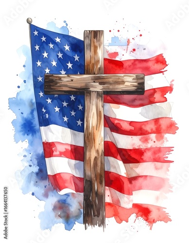 Watercolor cross over American flag
