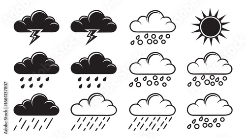 Collection of weather icons featuring various types of clouds with rain and lightning plus a sun symbol representing diverse meteorological conditions