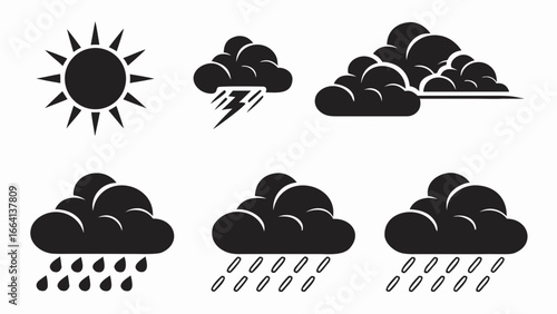 Collection of black weather icons including sun stormy clouds with lightning overcast clouds and various forms of rain showers against a white background