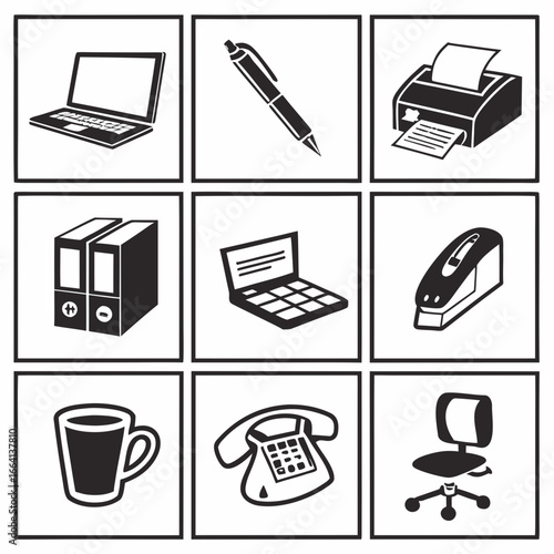 A collection of nine black and white icons representing essential office supplies and equipment including laptops a pen a printer binders a stapler a mug a telephone and an office chair