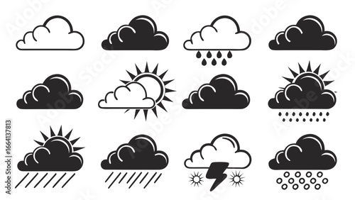 Collection of stylized weather icons featuring clouds with sun partially hidden rain heavy rain and lightning with sun symbols on a white background