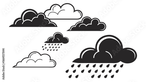 Stylized black and white graphic illustration of various rain clouds with falling raindrops against a clean white background representing weather and precipitation