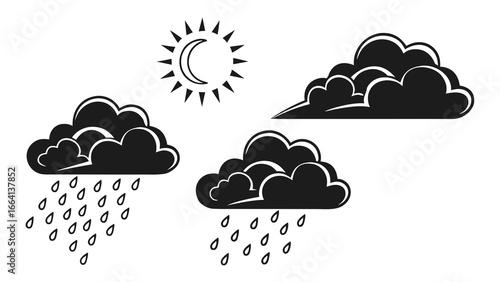 Stylized black and white vector icons depicting a crescent sun and three different types of rain clouds representing various weather conditions